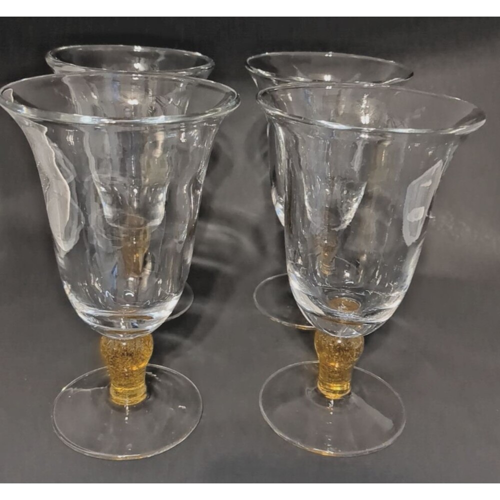 4  Vintage Hand Blown Wine w/Yellow  Bubble Glass Stem  7.5” Tall X 4.5”Wide